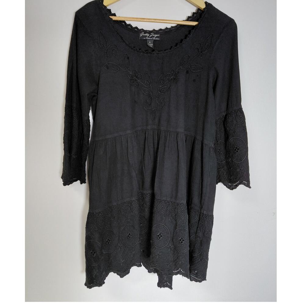 Gretty Zueger Black Cotton Tunic Top Solid Knit 3/4 Sleeve Women Size S